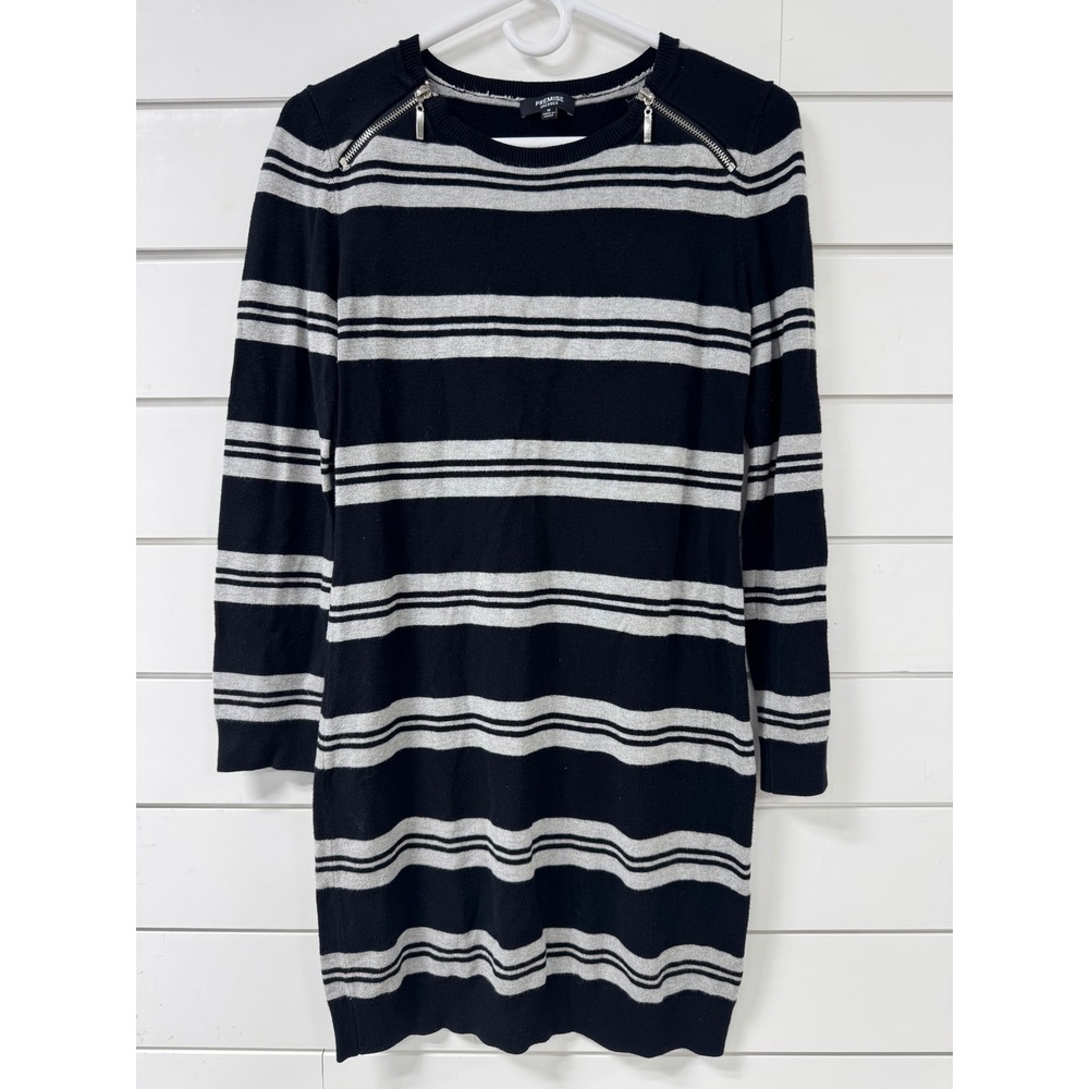 Premise Dresses Womens Med Black Gray Striped Knit Sweater Dress Zipper Detail